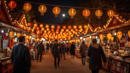 People walking and shopping at night market in Heidelberg, Germanyの素材