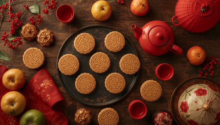 Chinese mid autumn festival food, Moon cake and tea set on wooden backgroundの素材
