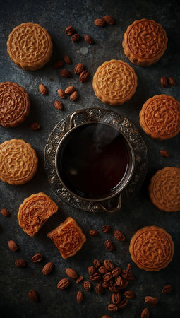 Cup of coffee and cookies on dark background. Top view.の素材