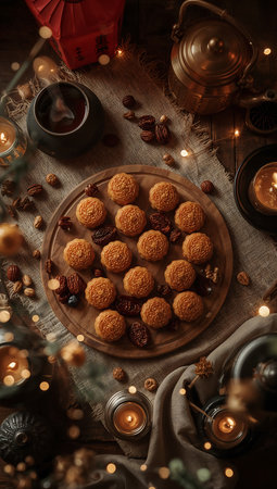 Christmas or New Year cookies with nuts and raisins on a wooden tableの素材