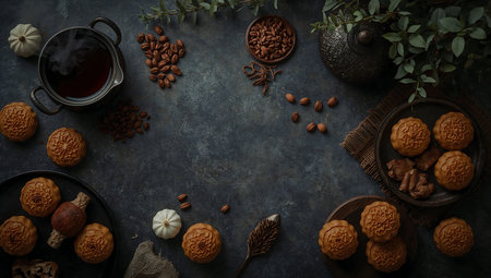 Cup of black tea with cookies and nuts on dark background, top viewの素材