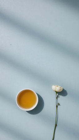 White flower and a cup of tea on a blue background. Flat lay, top view.の素材