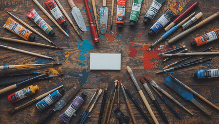 Paintbrushes and paints on a wooden table. Top viewの素材
