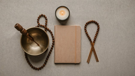 Buddhist prayer bowl, rosary beads, book and candleの素材