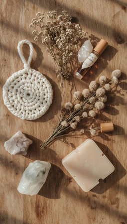 Spa composition with natural soap and dried flowers on wooden background.の素材