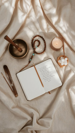 Open book, burning candle, gypsophila and incense on bedの素材