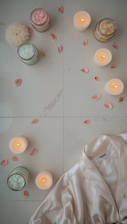 Aromatherapy and spa concept. Spa still life with candles and towelsの素材