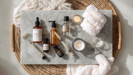 Spa and wellness setting with essential oils, candles and towels.の素材