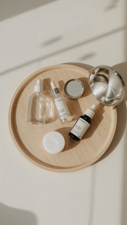 Skin care products on a wooden tray. Top view. Flat lay.の素材