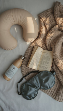 Top view of beige knitted sweater, book and water bottle lying on bedの素材