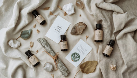 Spa and wellness still life. Aromatherapy essential oil, sea salt, stones and towels on a white background. Flat lay, top viewの素材