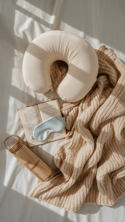 Top view of knitted blanket, book and bottle of water on bedの素材