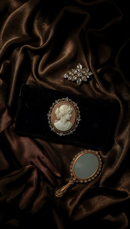 Vintage jewelry box with a mirror on the brown silk background.の素材