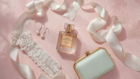 Perfume bottle and women's accessories on a pink background.の素材