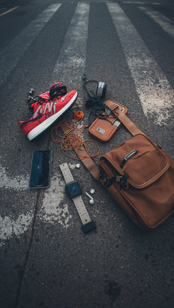 Outfit of traveler. Sneakers, headphones, smart watch and mobile phone on the road.の素材