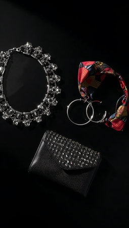 Fashionable women's accessories on a black background. Handbag, bracelet and earrings.の素材