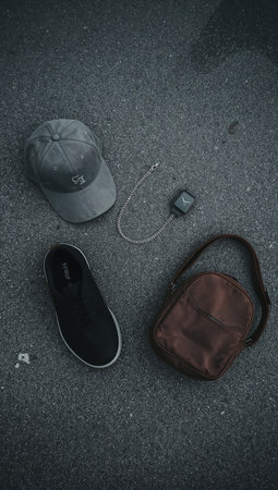 Men's accessories on the road. Top view. Toned.の素材