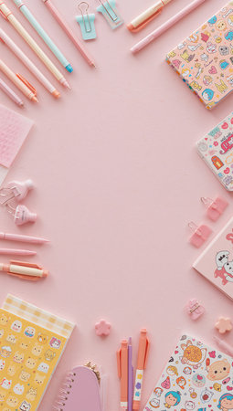 Top view of pink stationery on pink background with copy space.の素材
