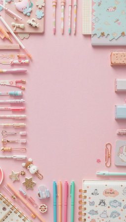 Flat lay of stationery on pink background with copy space.の素材