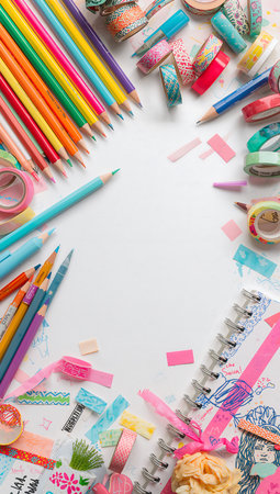 School supplies on a white background. Back to school. Copy space.の素材