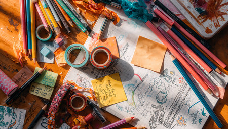 Pencils, pens, pencils and other stationery on a wooden tableの素材