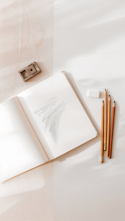 Blank notebook with pencils and eraser on white table.の素材