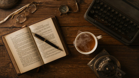 Cup of coffee, book and typewriter on a wooden tableの素材