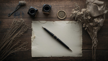 Old paper with ink pen on the wooden table. Vintage style.の素材