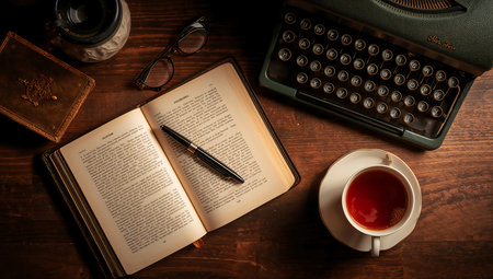 Cup of tea, book, typewriter and glasses on wooden tableの素材