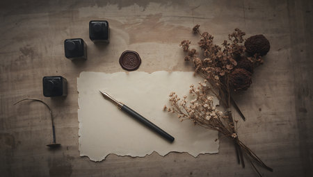 Old paper, ink pen and inkwell with dried flowers on a wooden backgroundの素材