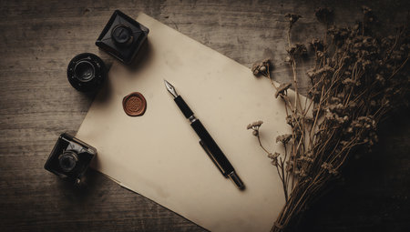 Vintage quill pen and inkwell with old paper on wooden backgroundの素材