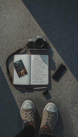 Top view of a girl sitting on the road with a camera and a notebookの素材