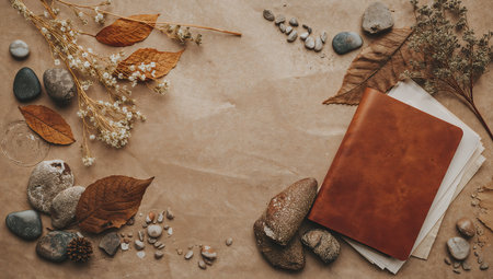Autumn composition. Notebook, autumn leaves and stones on brown background. Flat lay, top view, copy spaceの素材