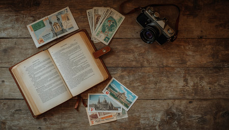 Vintage camera, passport, money and old book on wooden backgroundの素材