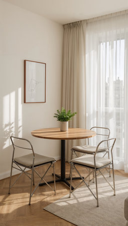 Interior of a modern living room with a table and chairs. Nobody insideの素材