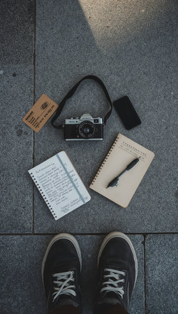 Selfie of sneakers, camera, notebook and passport on the groundの素材
