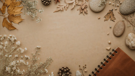 Flat lay composition with autumn flowers, leaves and notebook on brown backgroundの素材