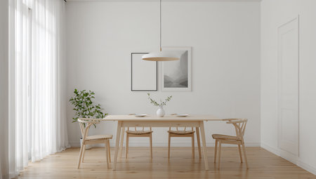 Interior of modern dining room with white walls, wooden floor, round wooden table with chairs and window. 3d renderingの素材
