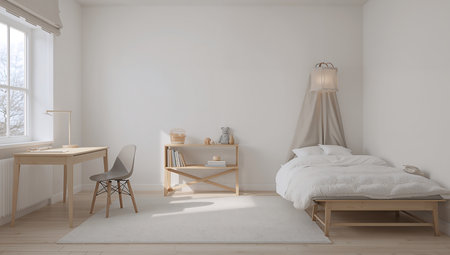 3d rendering of bedroom in scandinavian style with white wallsの素材
