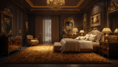Luxury classic bedroom interior with golden walls, 3d renderの素材