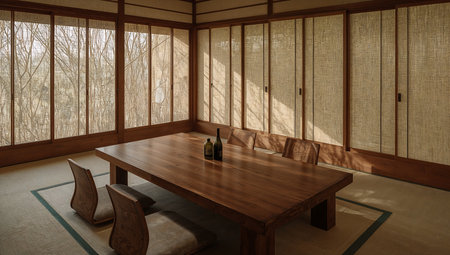Wooden dining room in japanese style. 3d renderingの素材