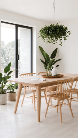 interior of modern dining room with wooden table and plants in potsの素材