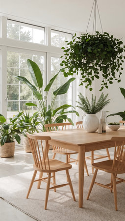 Interior of modern dining room with wooden table and green plants in potsの素材