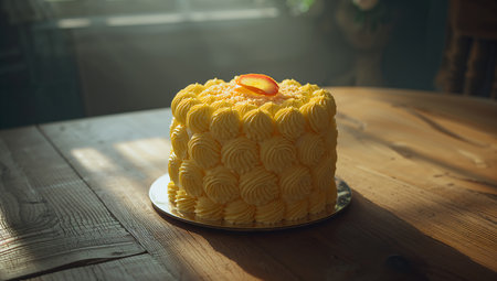 Delicious cake on the wooden table in cafe. Selective focus.の素材