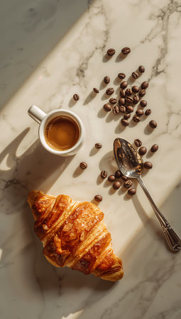 Freshly baked croissant and cup of coffeele backgroundの素材