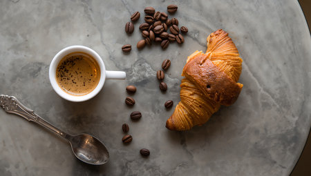 Coffee cup and croissantle table, top viewの素材