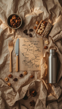 Ingredients for a healthy breakfast on crumpled paper, top viewの素材