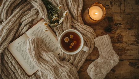 Cup of tea, book, chamomile flowers, woolen scarf and burning candle on rustic wooden background. Top view. Cozy home conceptの素材