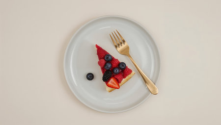Strawberry and blueberry cake with fork on white plate.の素材