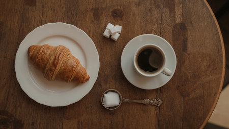 Coffee and croissant on wooden table, top viewの素材